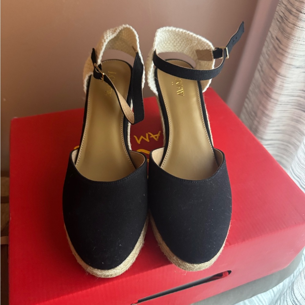 J. Crew Black and Cream Espadrille Wedges